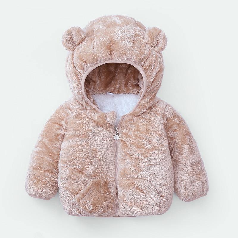 Light tan hooded plush coat with bear-ear hood, front zipper, soft textured fabric