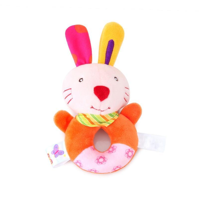 Pink and orange plush bunny baby rattle with striped scarf and round belly ring