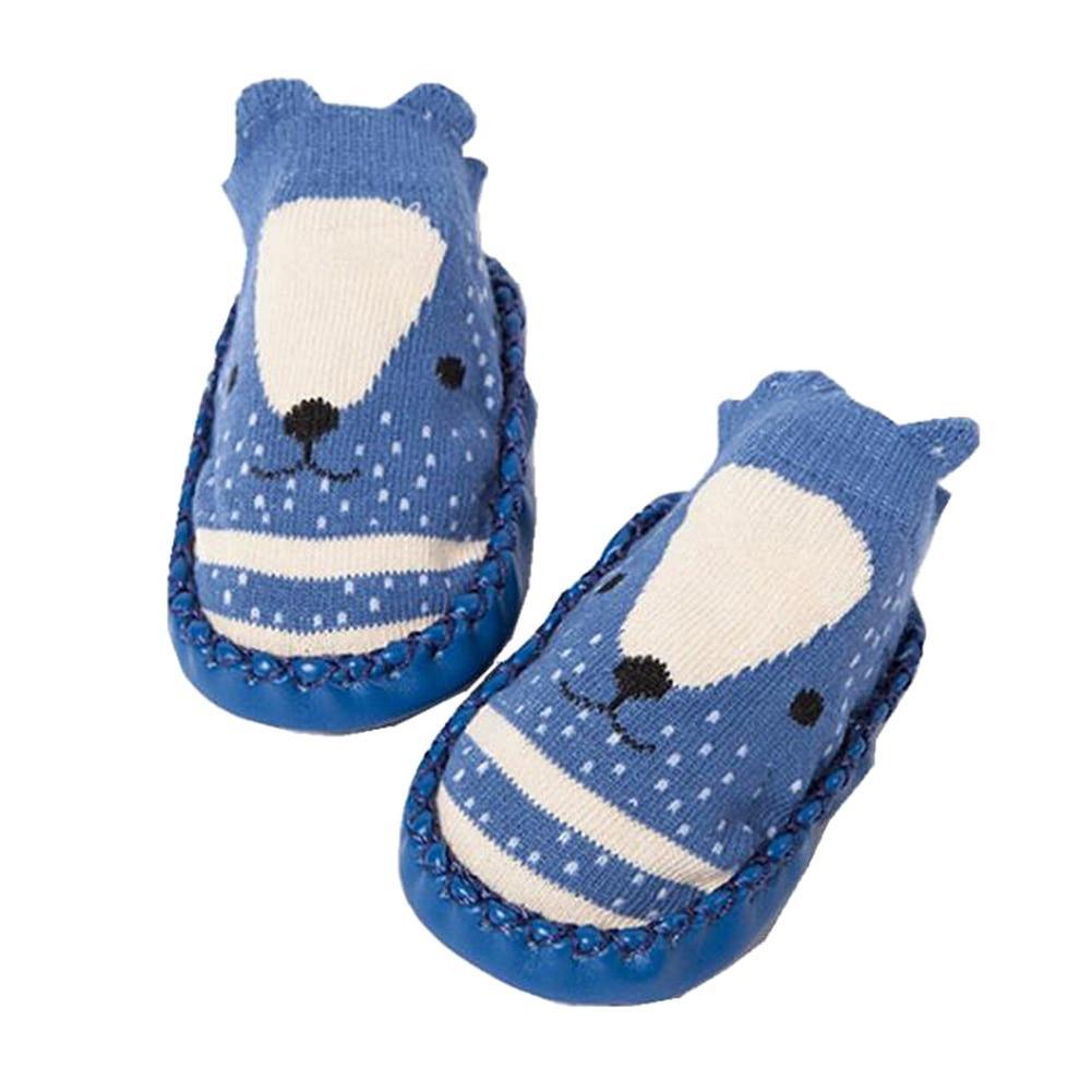 Blue bear-ear socks shoes with white patch and stitched soft sole