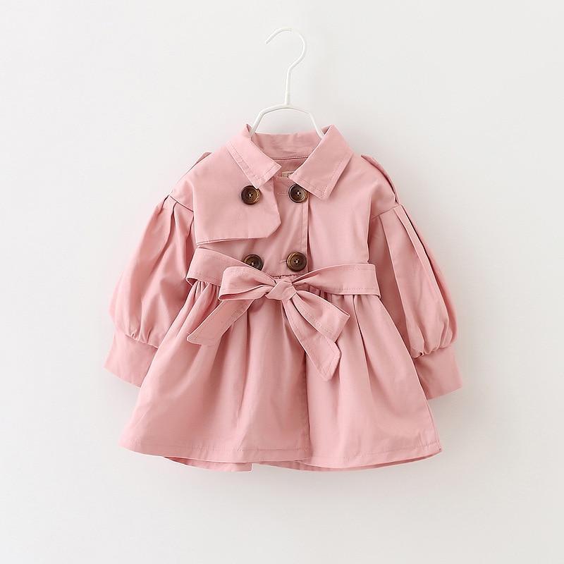 Pink double-breasted baby windbreaker coat with bow tie and button front