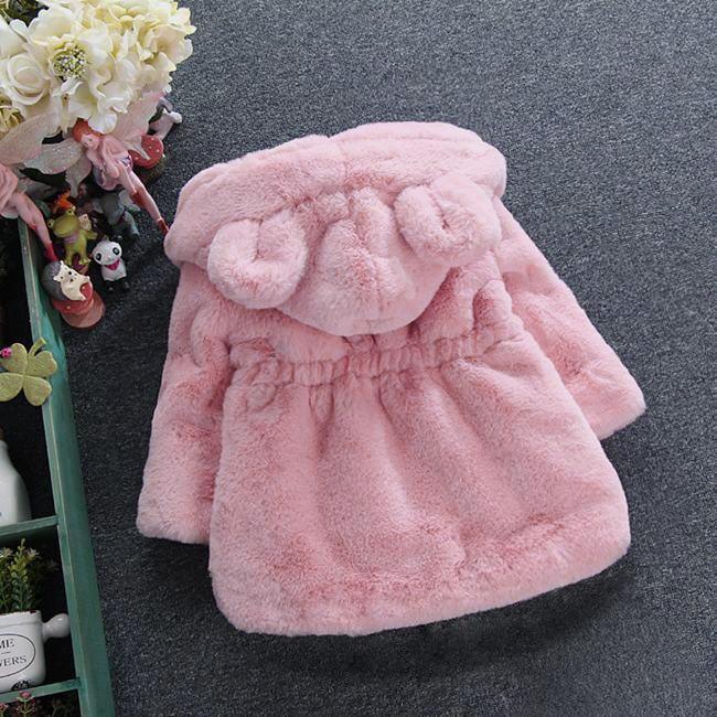 Hooded plush jacket for kids, pink fuzzy sherpa coat with rounded hood