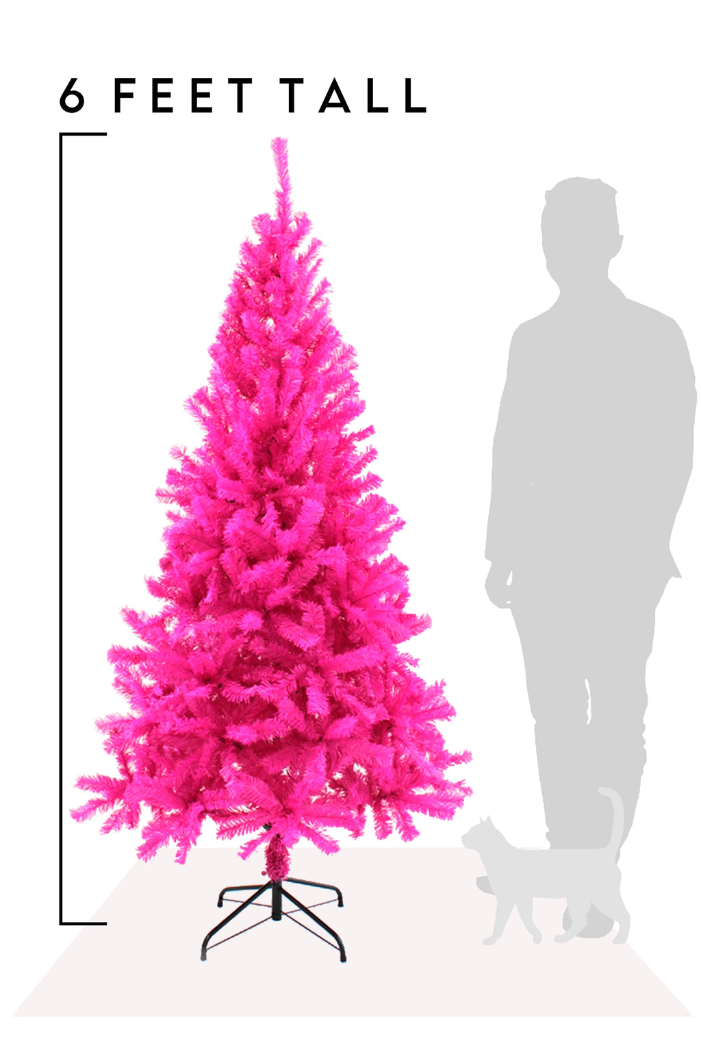 Pink artificial Christmas tree, 6 ft tall, on black tripod stand