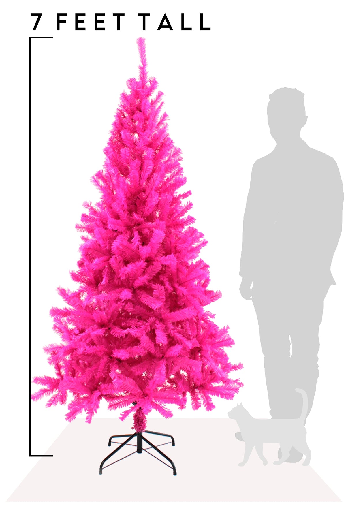 Pink artificial Christmas tree, 7 ft tall, on black tripod stand