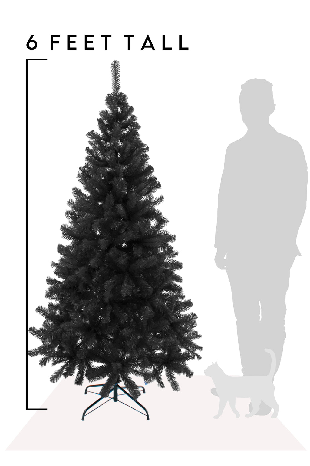 Black artificial pine Christmas tree, 6 ft tall, full branches with metal stand