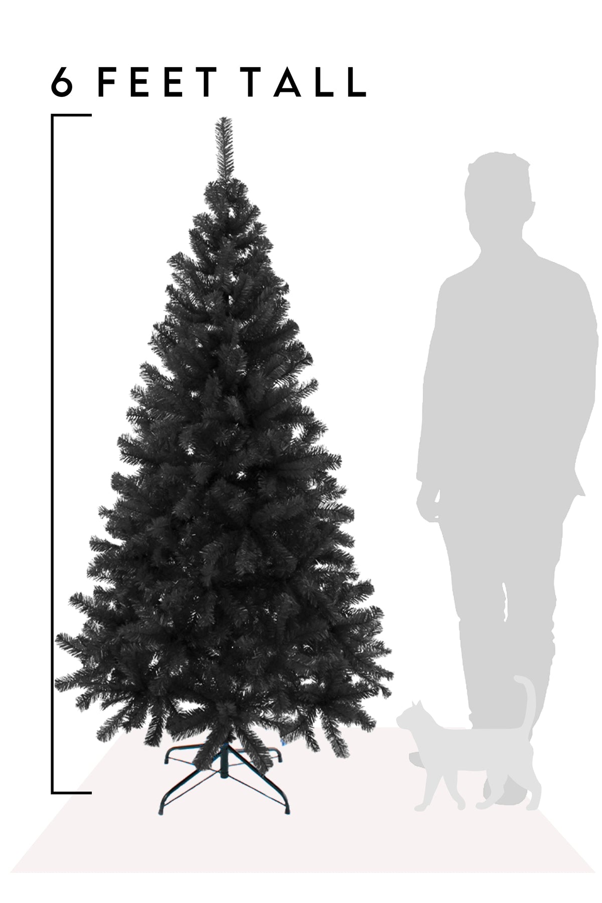 Black artificial pine Christmas tree, 6 ft tall, full branches with metal stand