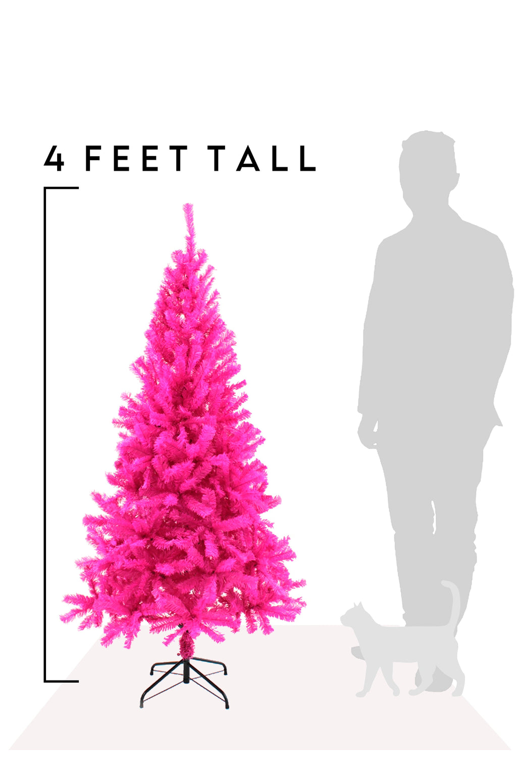 Pink artificial Christmas tree, 4 ft tall, on black tripod stand