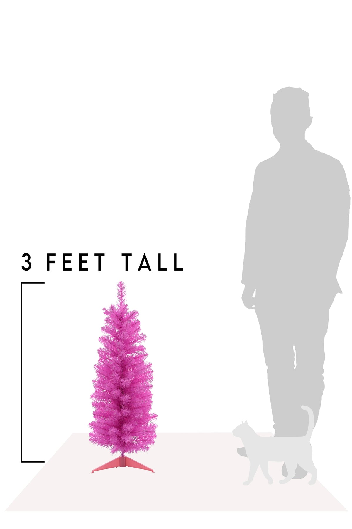 Pink tabletop Christmas tree with size scale showing three feet tall