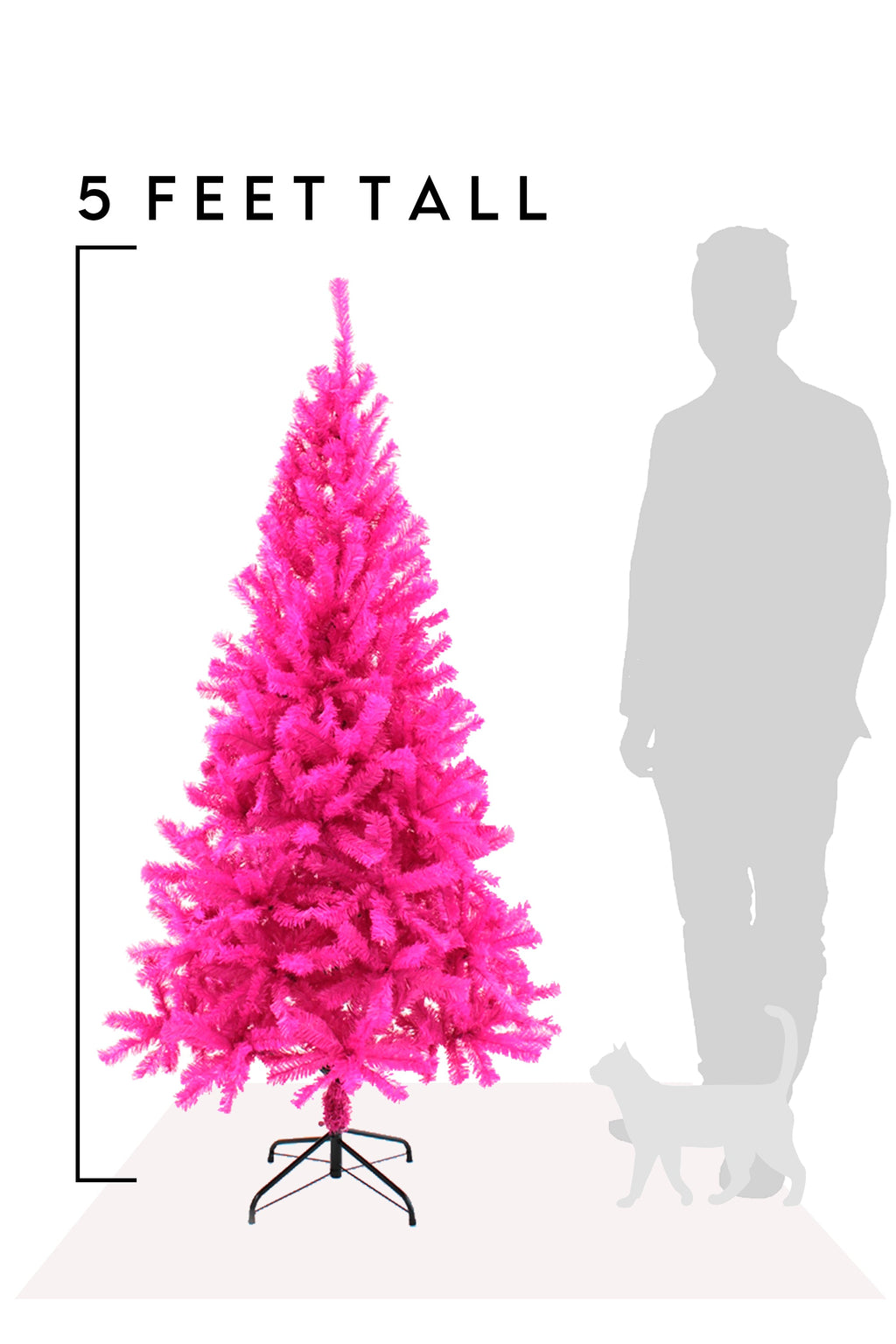 Pink artificial Christmas tree, 5 ft tall, on black tripod stand