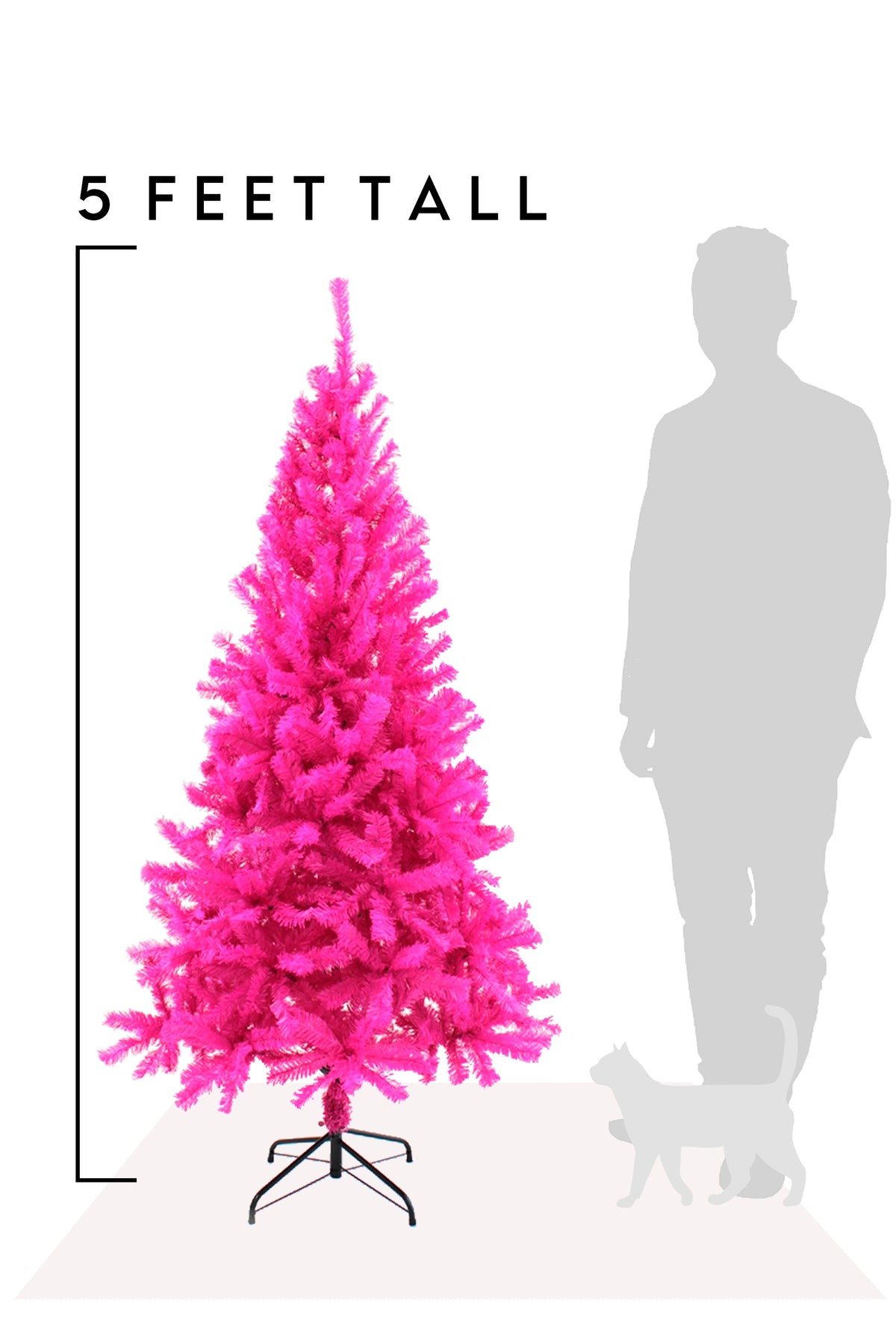 Pink artificial Christmas tree, 5 ft tall, on black tripod stand