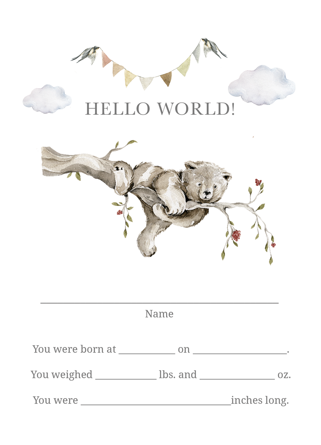 Hello World baby milestone card with koala illustration and birth info lines