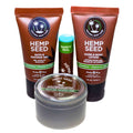 Hemp seed mini gift set: shower gel, hand lotion, and small candle with safety seal