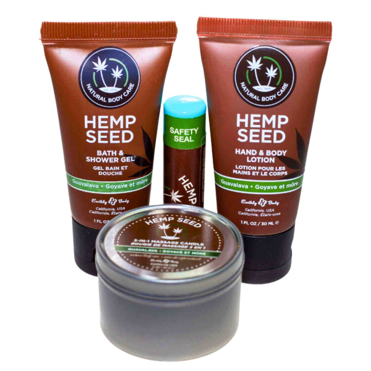 Hemp seed mini gift set: shower gel, hand lotion, and small candle with safety seal