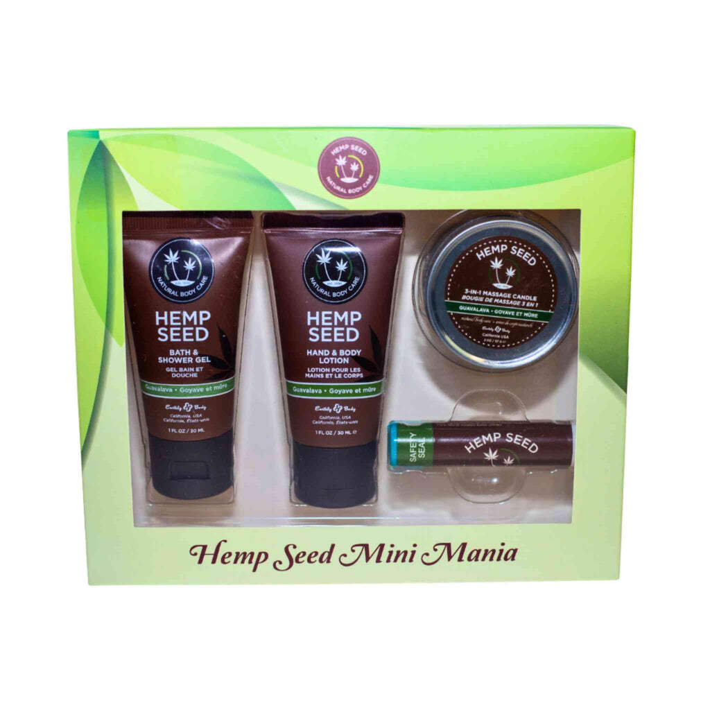 Boxed hemp seed mini mania set with shower gel, hand lotion, small candle tin, mini balm