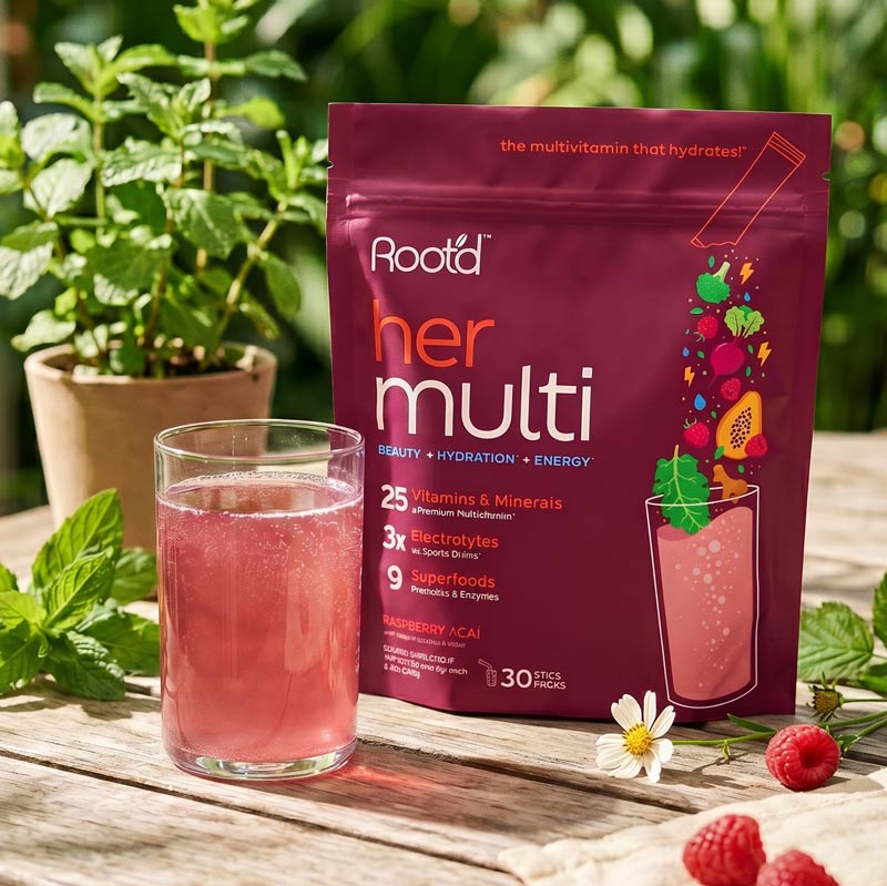 Raspberry acai her multi pouch with glass of red drink and fresh raspberries
