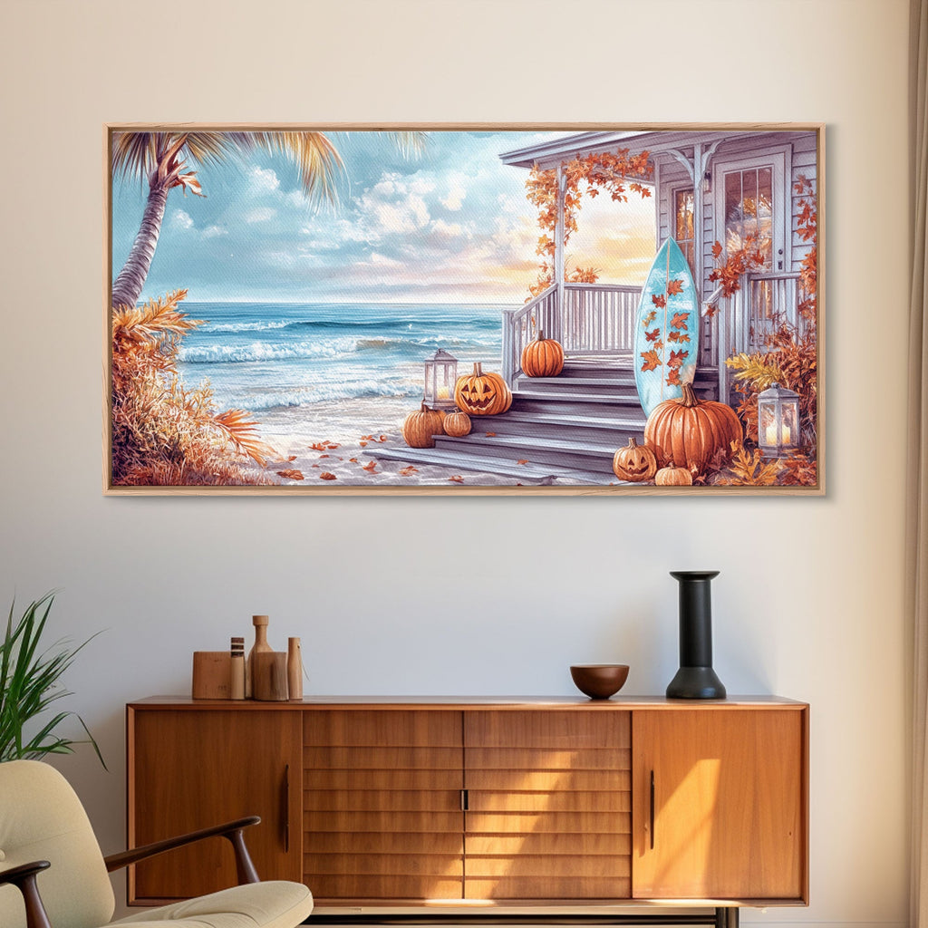 Autumn beach porch canvas print with pumpkins, ocean waves, and decorative porch railing.