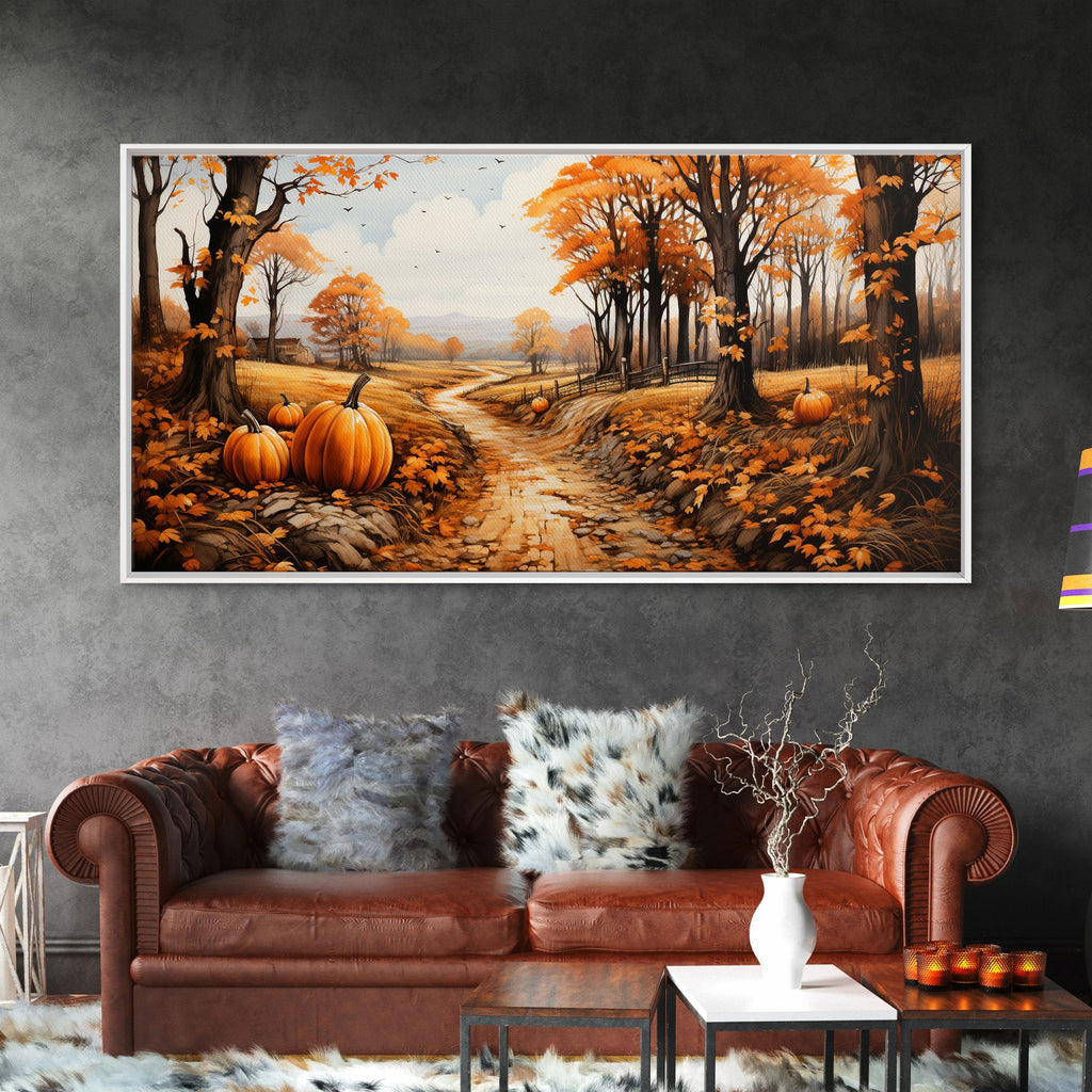 Panoramic fall canvas wall art with pumpkins, autumn trees, and a winding road