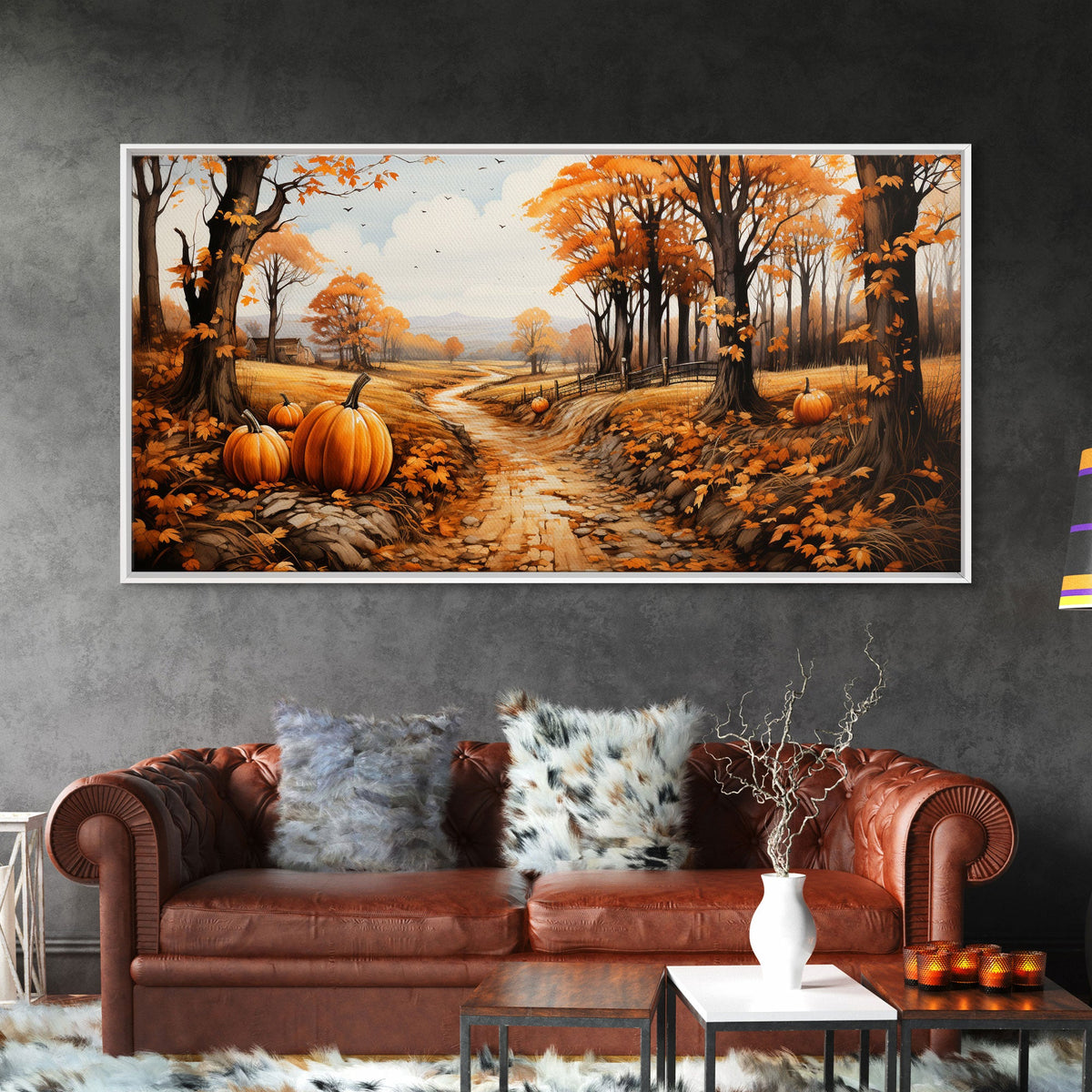 Panoramic fall canvas wall art with pumpkins, autumn trees, and a winding road