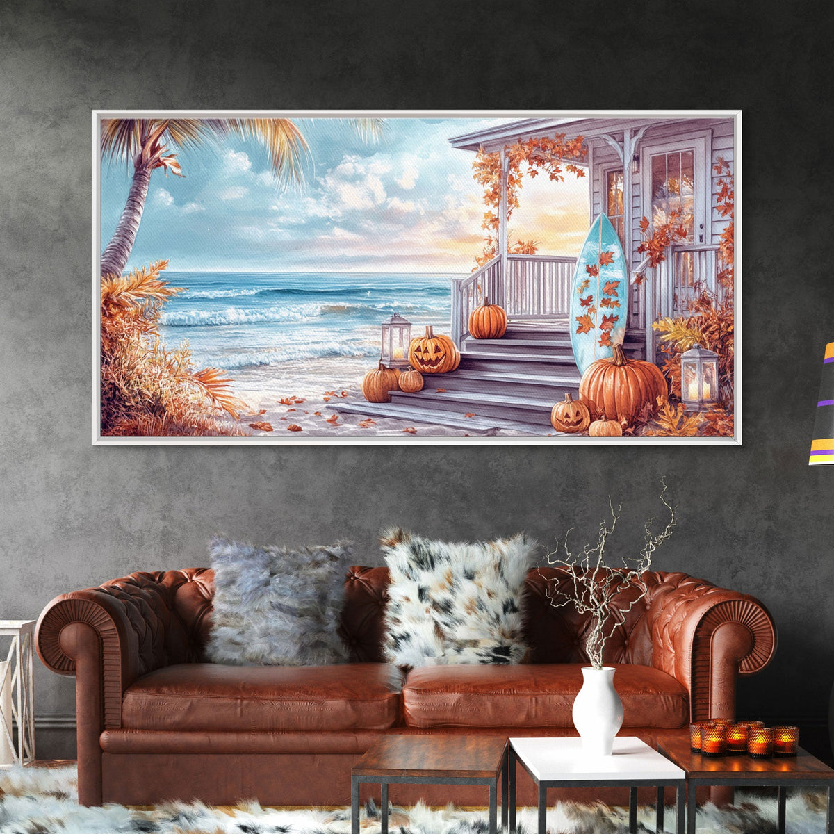 Framed autumn beach porch canvas print with pumpkins, ocean waves, and autumn foliage.