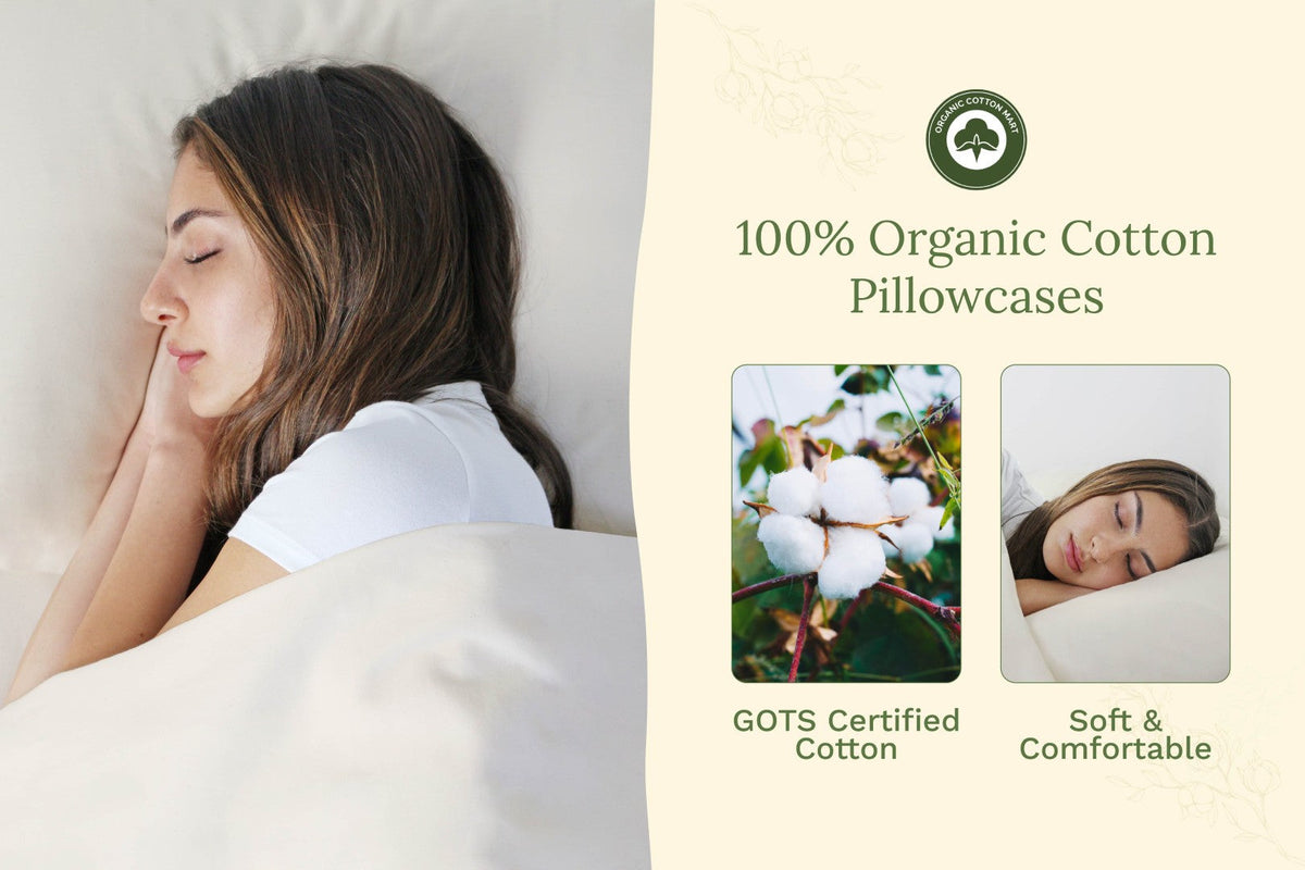 White pillowcase with sleeping person, plus organic cotton certification icons