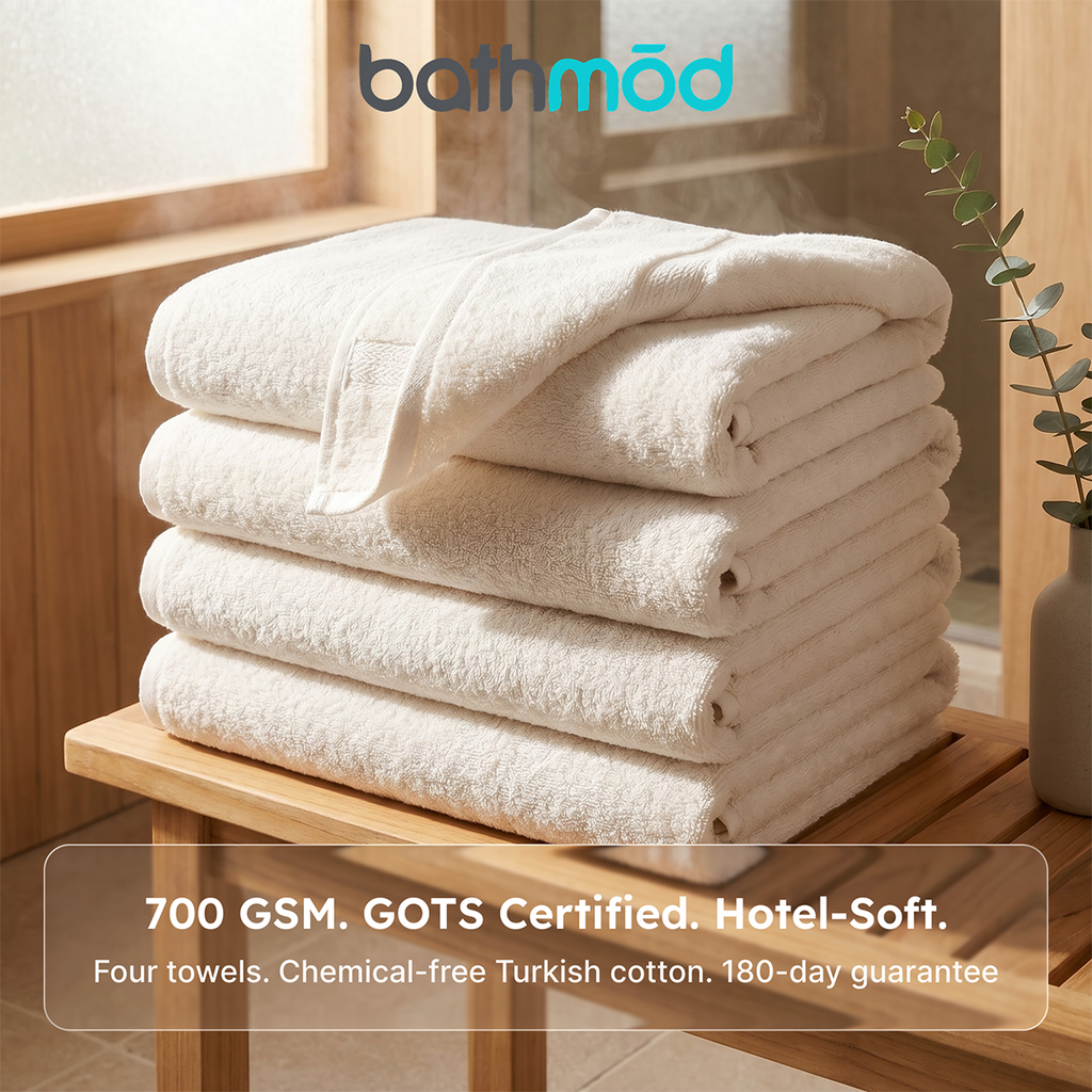 Stack of four white bath towels folded with ridged border detail