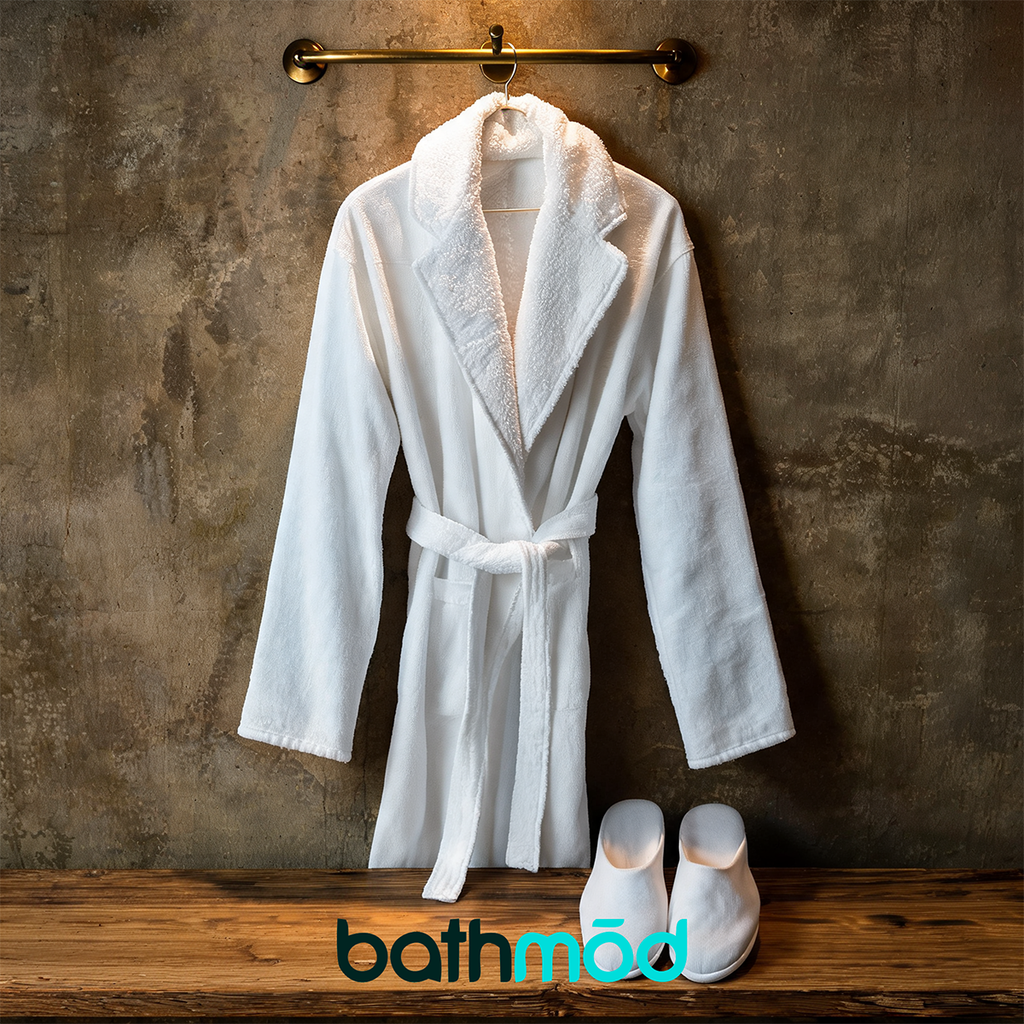 White bathrobe hanging with matching slippers resting on the floor