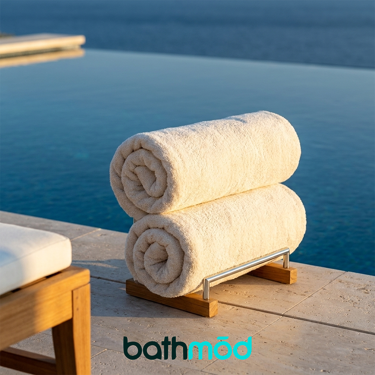 Two rolled white bath towels stacked on a small wooden stand