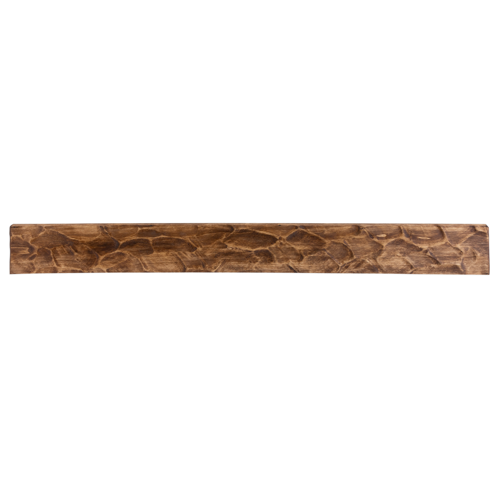 Rough-hewn wood fireplace mantel shelf in warm brown with raised carved grain