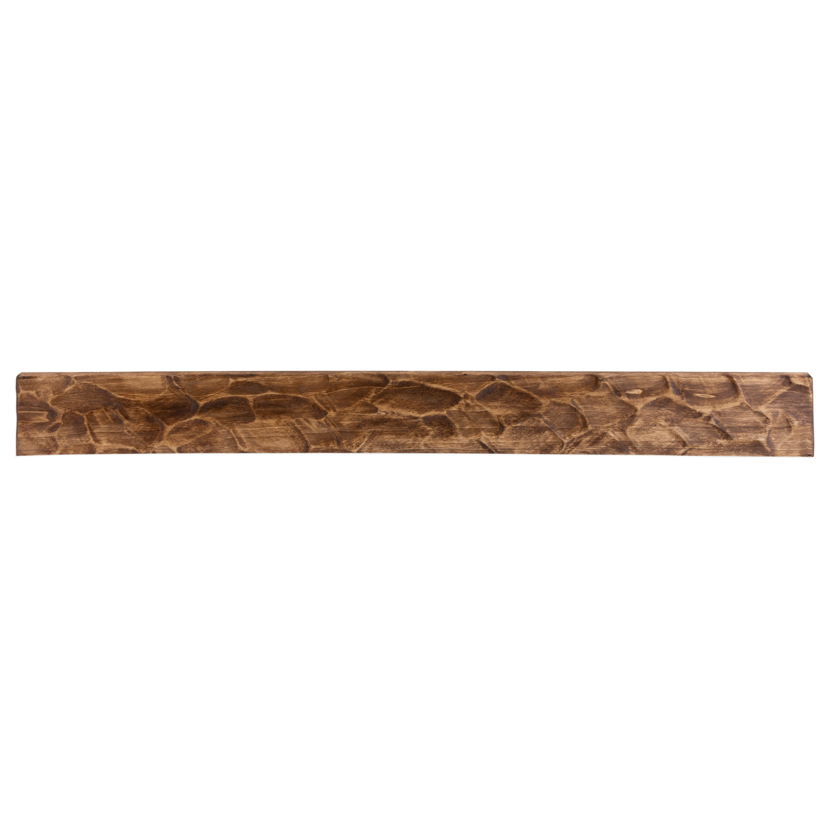 Rough-hewn wood fireplace mantel shelf in warm brown with raised carved grain