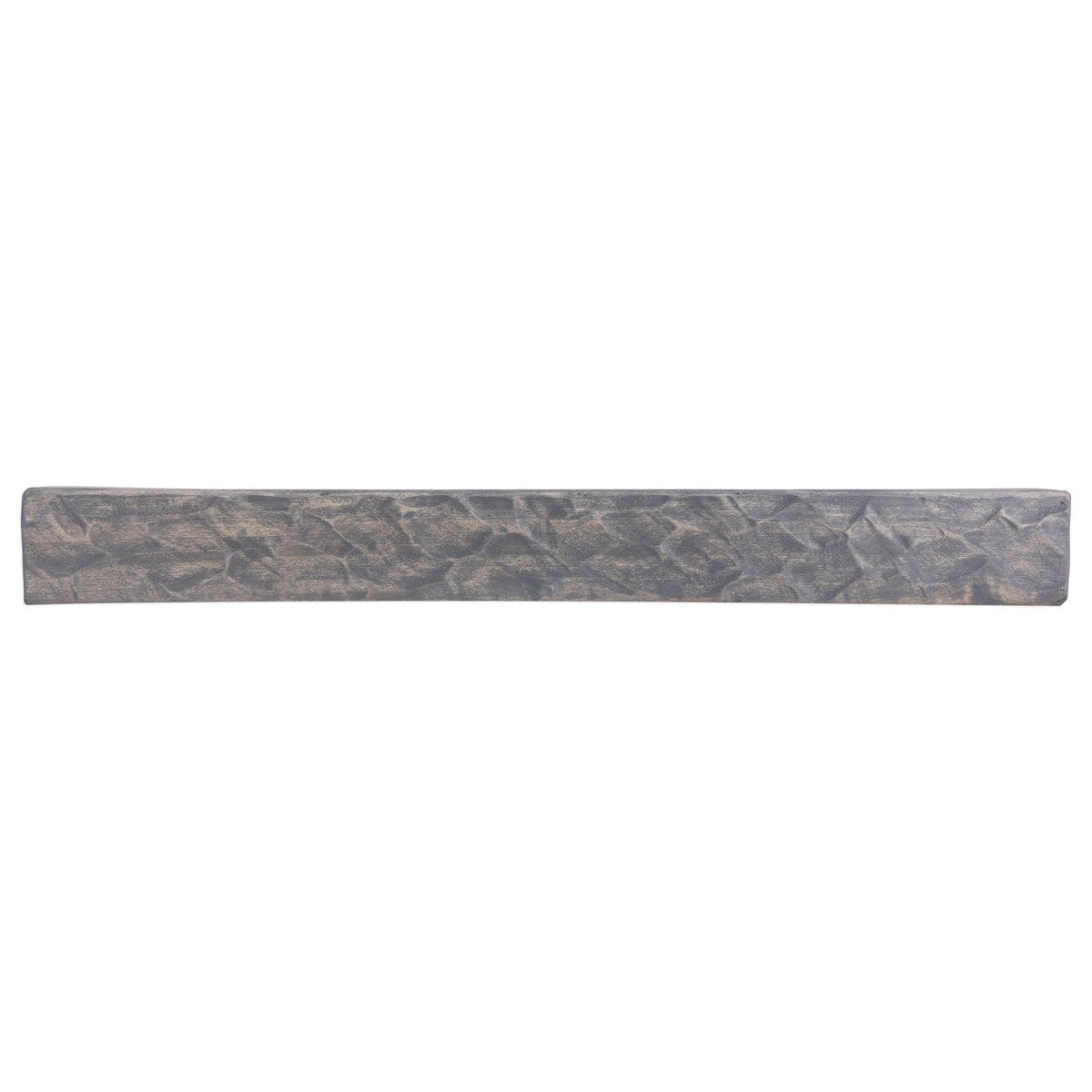 Rough-hewn dark gray wood fireplace mantel shelf with textured grain pattern