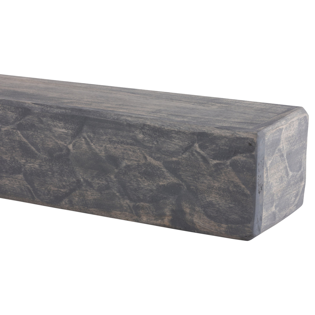Dark stained wood fireplace mantel shelf with rough-hewn texture and squared ends