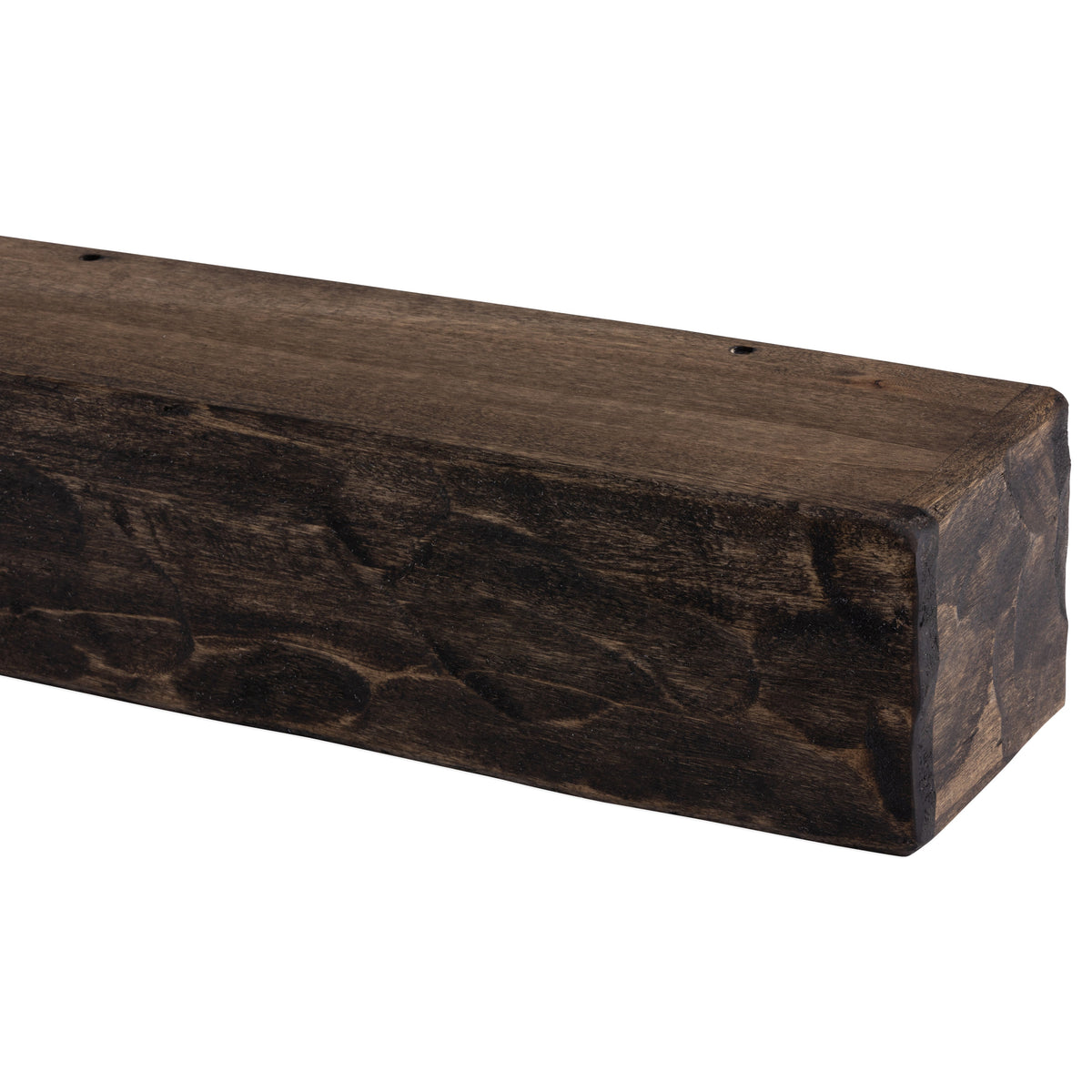 Dark wood fireplace mantel shelf with chiseled grain texture and flat top