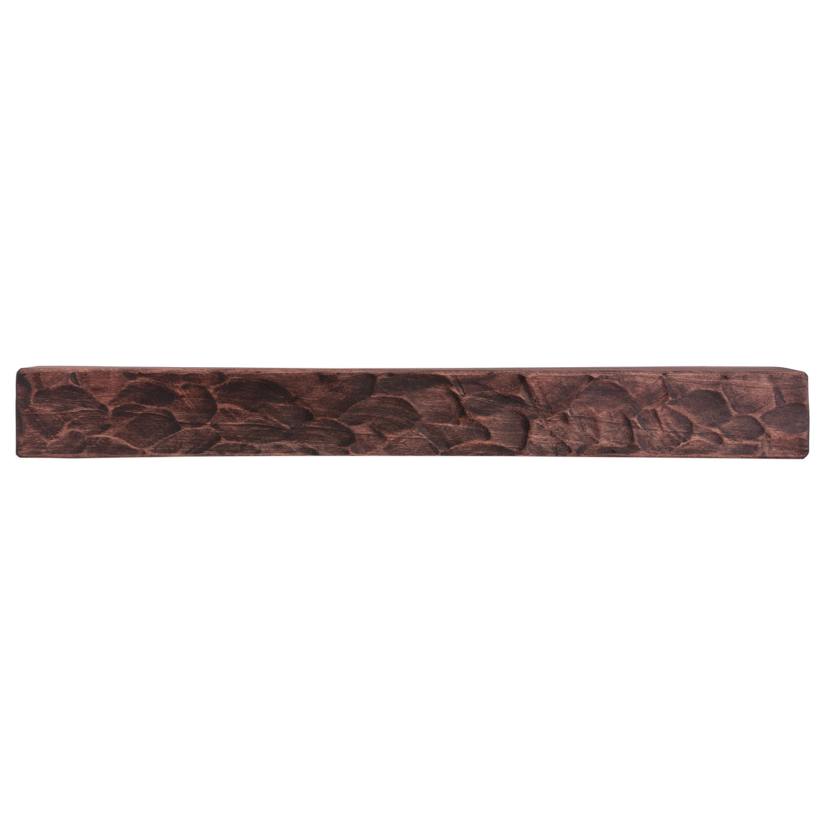Rough-hewn wood fireplace mantel shelf, dark brown with carved grain texture