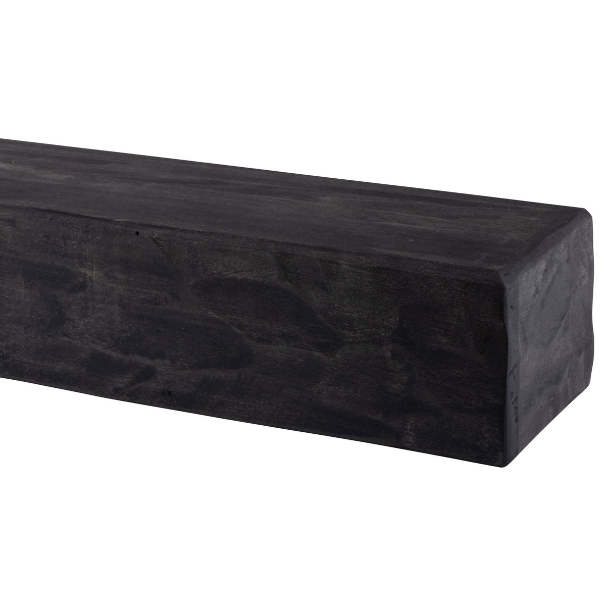 Rough-hewn dark gray wood mantel shelf with smooth top and beveled front edge