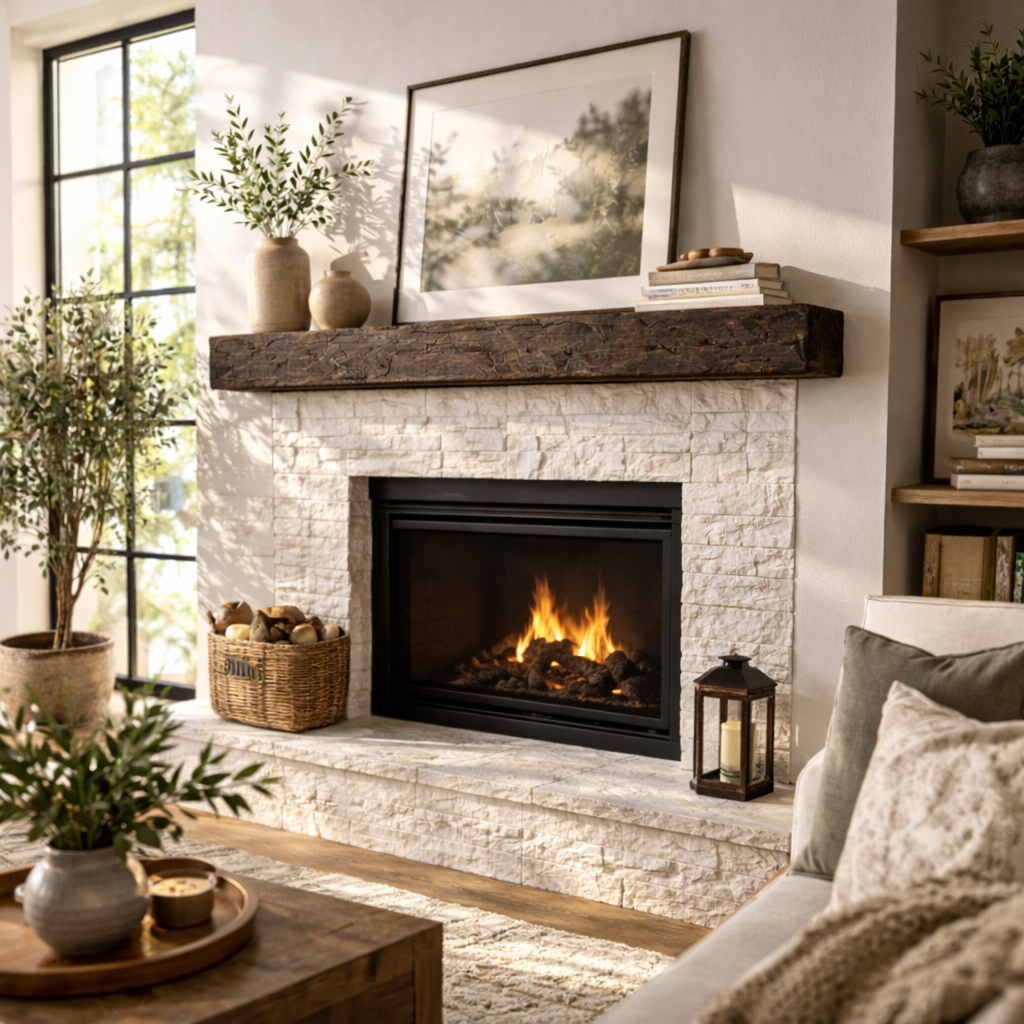 Rough-hewn mantel shelf in dark brown wood above a fireplace insert