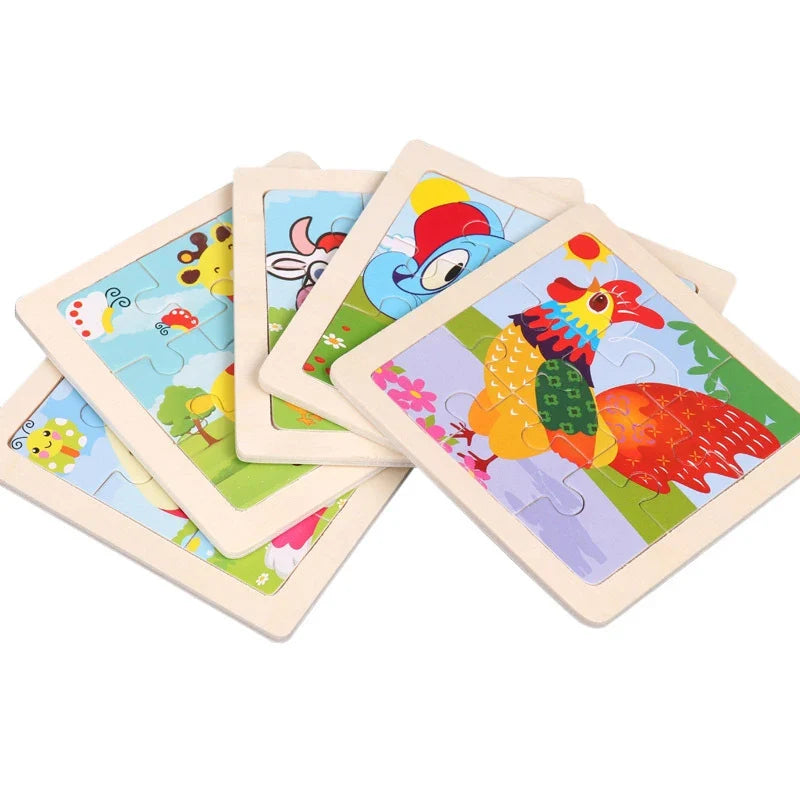 Set of kids wooden tangram jigsaw puzzles with cartoon animal scenes on wooden bases