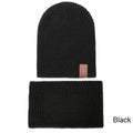 Black knit baby beanie and matching neck warmer with small logo patch