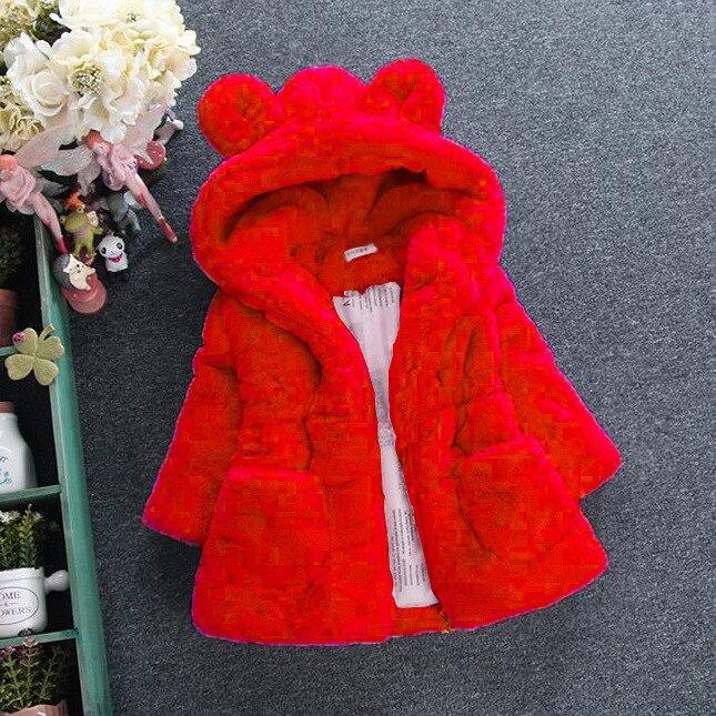Red hooded faux-fur toddler jacket with bear-ear hood and zip front