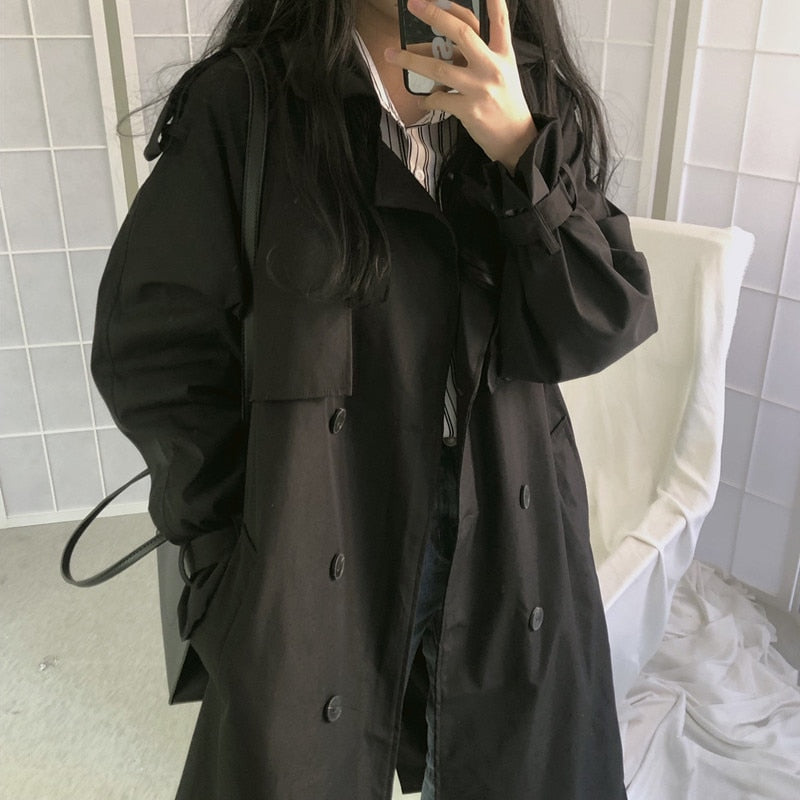 Black long overcoat with double-breasted buttons and wide collar