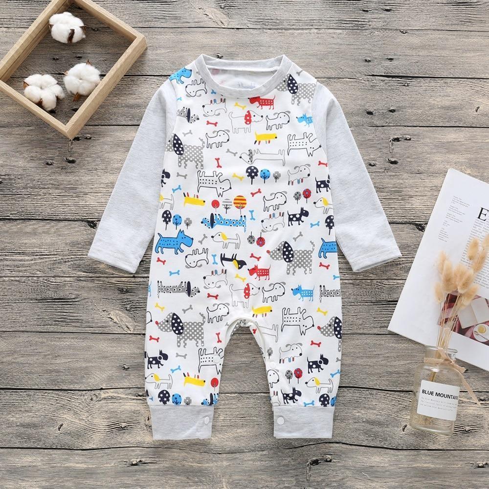 Long-sleeve baby romper, white with colorful animal print and snap buttons