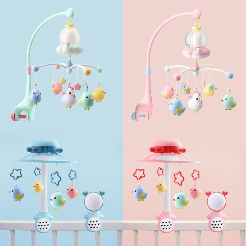 Baby crib spiral mobile with hanging plush animals on blue or pink arch