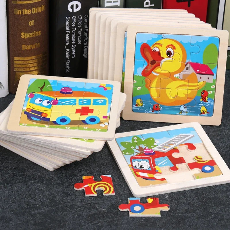 Kids wooden tangram jigsaw puzzle set with cartoon animal and vehicle scenes