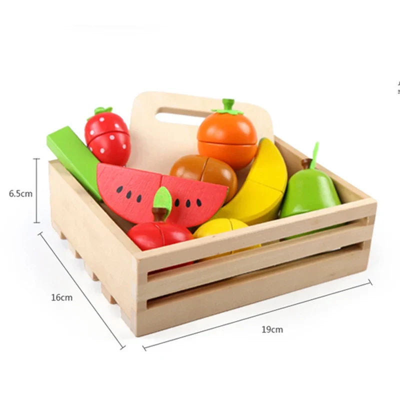 Wooden toy fruit and vegetable set with mixed pieces in a rectangular crate, side view