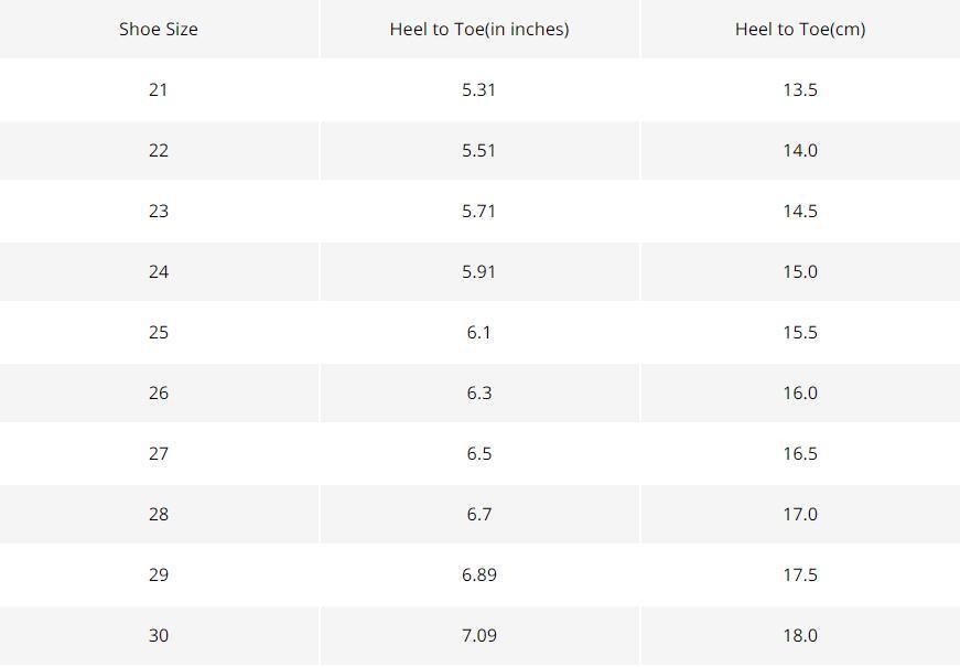 Kids shoe size chart table with shoe size, heel-to-toe in inches and cm