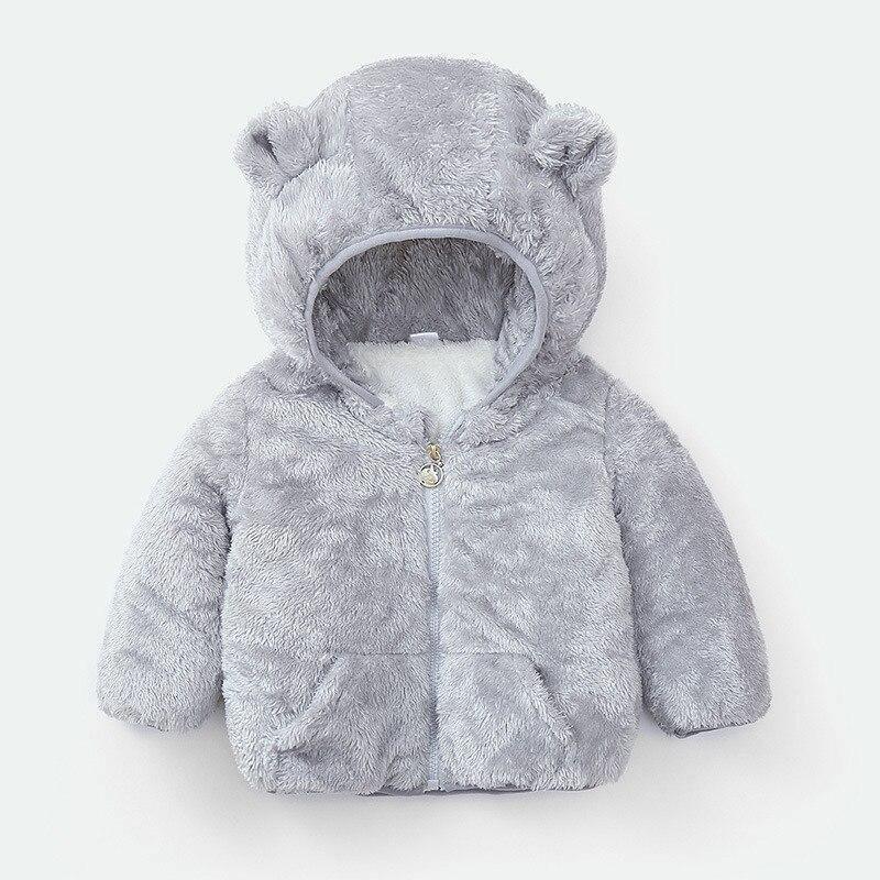 Light gray plush toddler hooded coat with bear ears, front zipper, and cozy lining