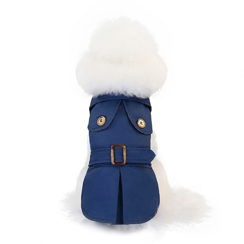 Pet jacket coat in navy blue with plush collar and buckled waist belt