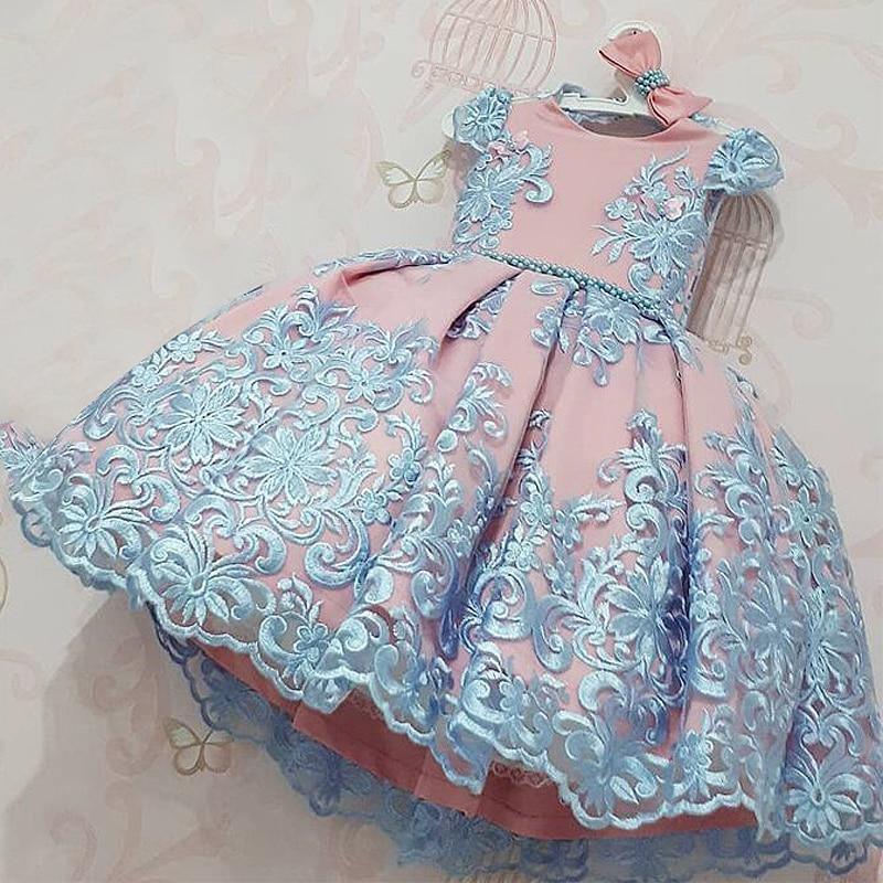 Baby girl princess tutu dress in light pink with aqua-blue embroidered lace overlay