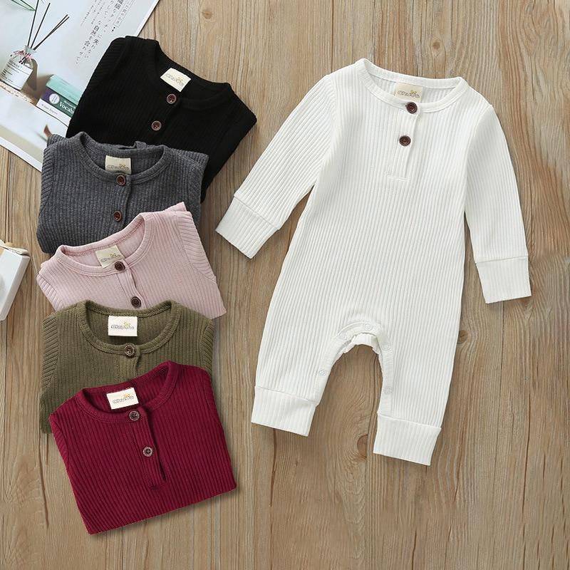 Newborn ribbed button romper set in black, white, grey, pink, and olive green