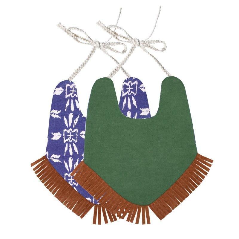 Infant bandana bib set with solid green front, navy pattern back, brown fringe