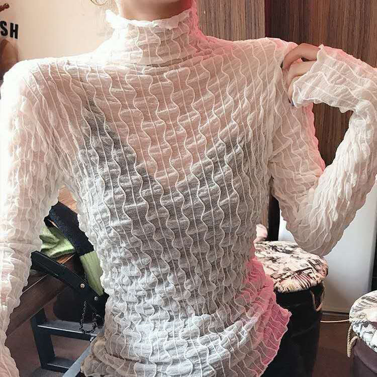 Light ivory lace mesh high-collar long-sleeve fitted top with ruffled cuffs