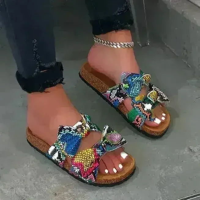 Women’s snake-print bow slippers, open-toe sandals with two straps and cork-look sole
